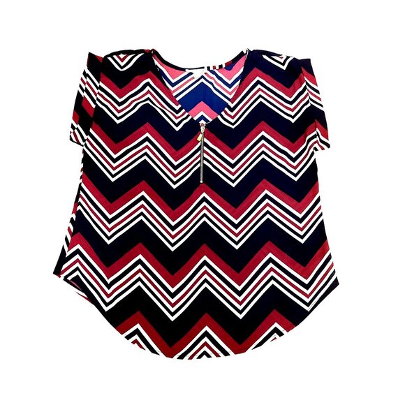 A'Gaci Sheer Chevron Print V Neck Blouse Large All Polyester Cap Sleeves - Picture 7 of 8